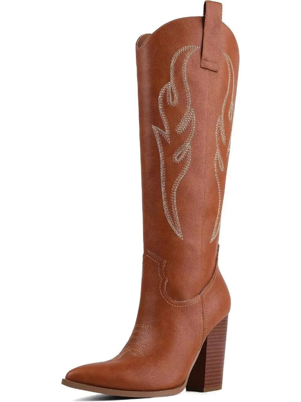 Women's Brown Leather Embroidered Rhinestone Wide Calf Side Zipper Cowgirl Boots